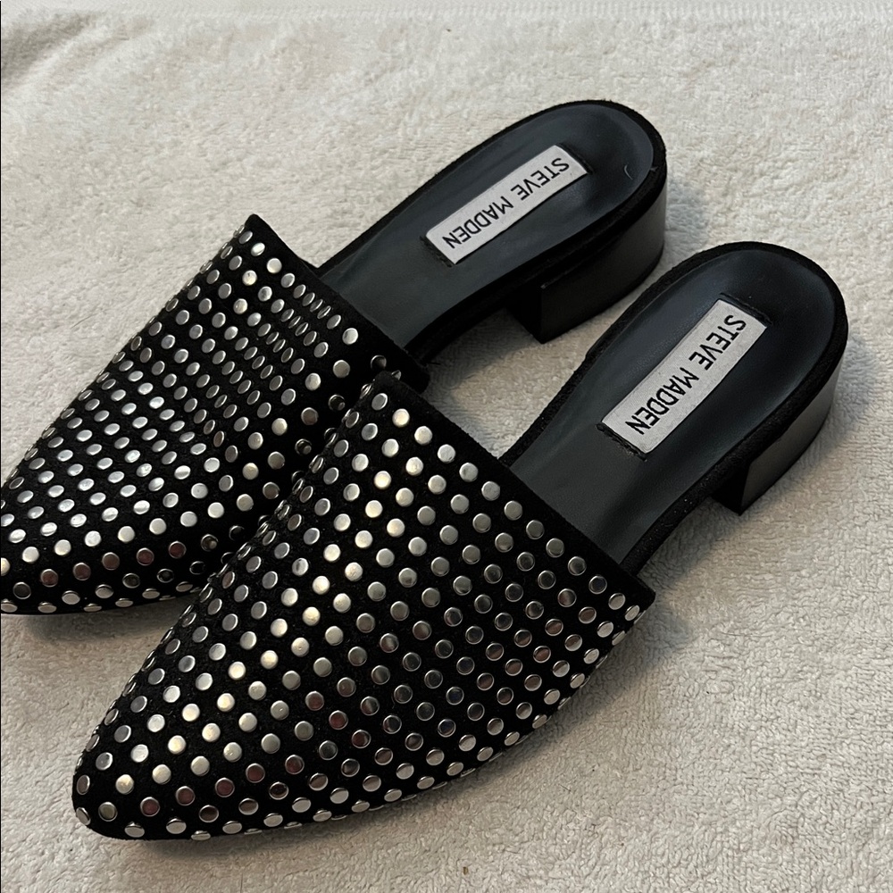 Steve Madden Black and Silver Studded Mules